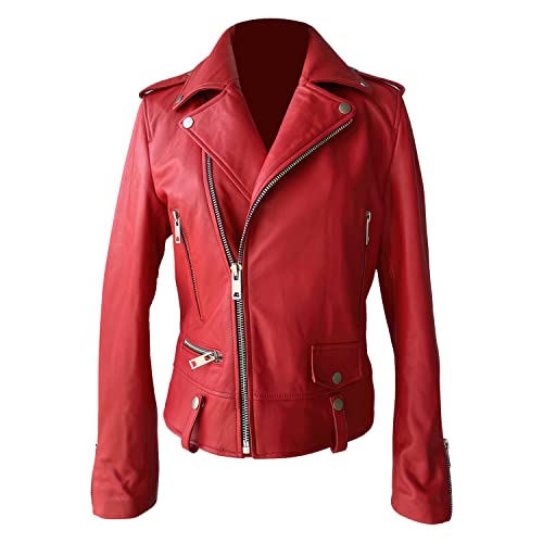 Women's Biker Red Genuine Sheepskin High Fashion Street Racer