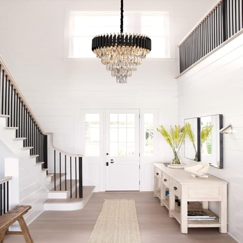 Image of Luxurious 600mm Black Gold Modern Chandelier with K9 Crystals | Warm White, Moonlight & Golden Light | Ceiling Hanging Light for Living Room, Dining Room, Bedroom, Hallway