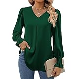 Funlingo Women's Long Sleeve Shirts Dressy Causal V Neck Tunic Tops for Leggings Loose Work Outfit Business Chiffon Blouse Green L