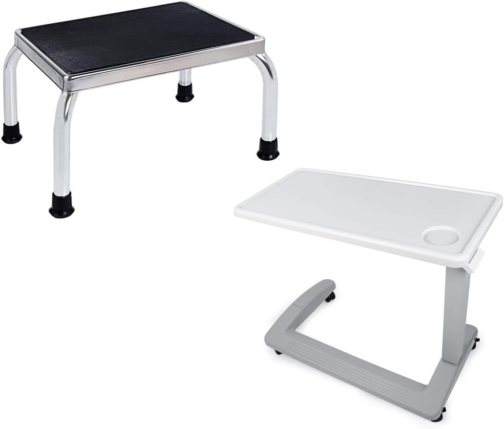 Vaunn Medical Foot Step Stool and Deluxe Overbed Bedside Table Bundle