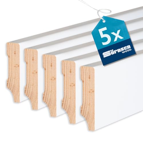 Sörnsen Wood Sockelleiste Kiefer – 16x58x2400 mm, 5 Stück hochwertige Fußleisten mit eckigem Weimarer Profil – weiß RAL 9016 lackiert und damit extra langlebig