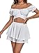 Umenlele Women's 2 Piece Outfits Off Shoulder Tie Back Crop Top and Layered Shorts Set White Medium