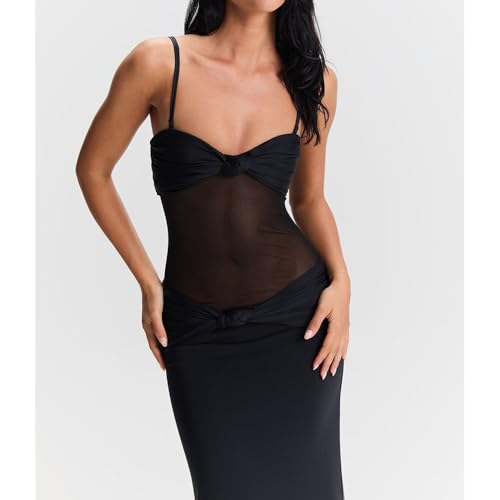 Image of Women Sheer Maxi Dress Detachable Spaghetti Straps Knotted Twist Bodycon Long Dresses Party Cocktail Wear