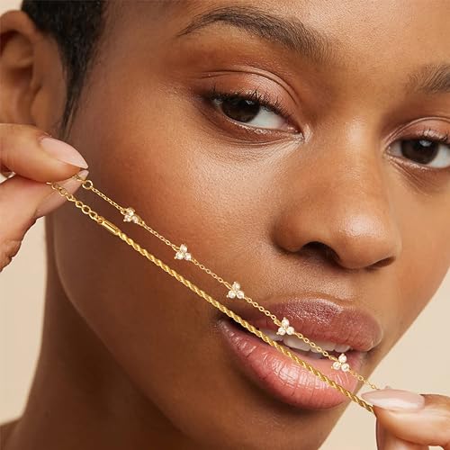 Bracelet for Women - Dainty Stack Bracelets Trendy Adjustable 14K Gold Plated Thin Paperclip Bead Box Satellite Figaro Cuban Link Chain Bracelet Set for Women Waterproof Jewelry Gift