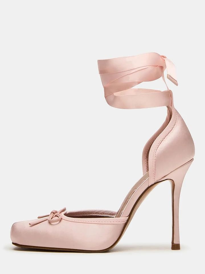 UniqueStride Women Lace Up Ankle Strappy Bow Stiletto High Heels Pumps Square Toe Satin Ballet Ballerina Mary Janes Elegant Party Dress Shoes2