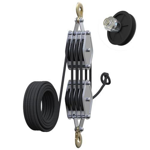 Block and Tackle 4400 LB Breaking Strength Heavy Duty Pulley 65 Ft Rope Pulley Upgraded Metal Bearing 7:1 Lifting Power Pulley System Pulley Hoist for Lifting Heavy Objects(Black)