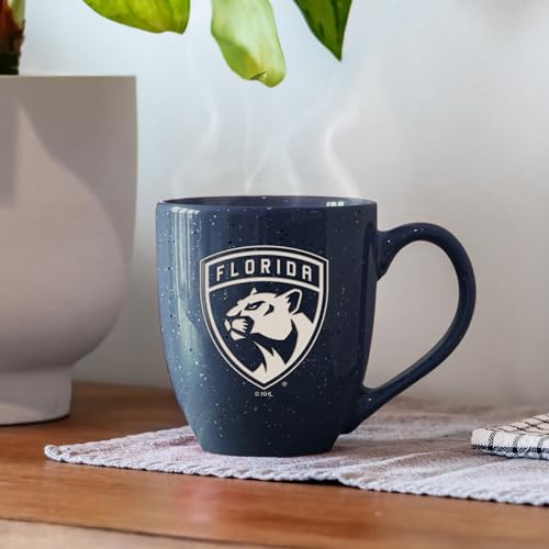 Image of Rico Industries NHL Hockey Florida Panthers Navy Personalized 16 oz Team Color Laser Engraved Speckled Ceramic Coffee Mug