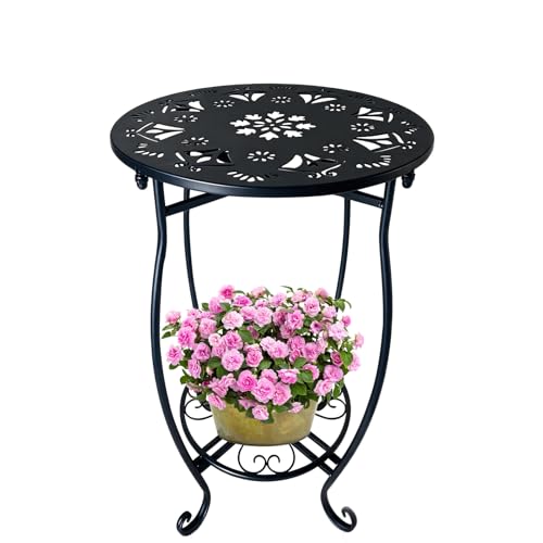 Fashion&cool 25" Outdoor Side Table, 2-Tier Round Metal Patio End Table, Heavy Duty Rust-Proof Coffee Table for Outside,