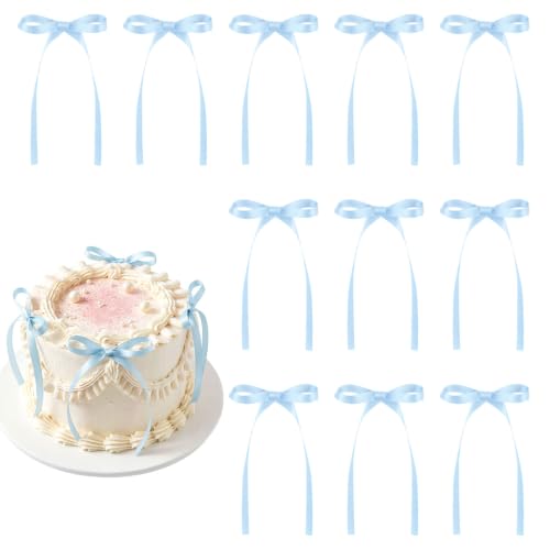 30 Pack Bow Cake Toppers Light Blue Ribbon Bows for Cake Baby Blue Bow Birthday Decorations for Baby Shower Wedding Bachelorette Summer Pool Party Decorations