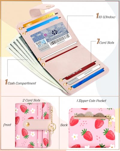 Image of Bistup Small Card Wallet for Women with Keychain, Strawberry | Clear ID Window, Compact Design for Daily Carry, Durable Material, Sturdy Keychain, Aesthetic