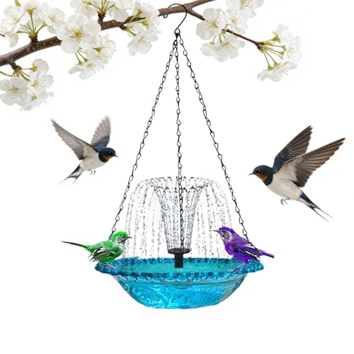 TRWLCFF Hanging Bird Bath Fountain Cascading Outdoor Birdbath with Glass Bowl USB-Powered Water Feature for Garden Patio Yard Decor Attracts Hummingbirds & Wild Birds