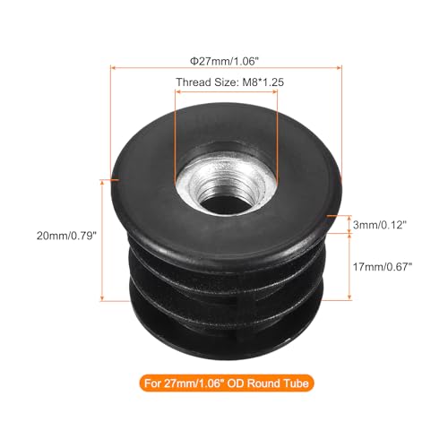 Image of uxcell 16Pcs Plastic Threaded Tube Inserts with M8 Thread, for 27mm /1.06 inch OD Round Tube, Adjustable Round Black Plastic Plug Caster Insert Chair End Caps Furniture Leg Plug