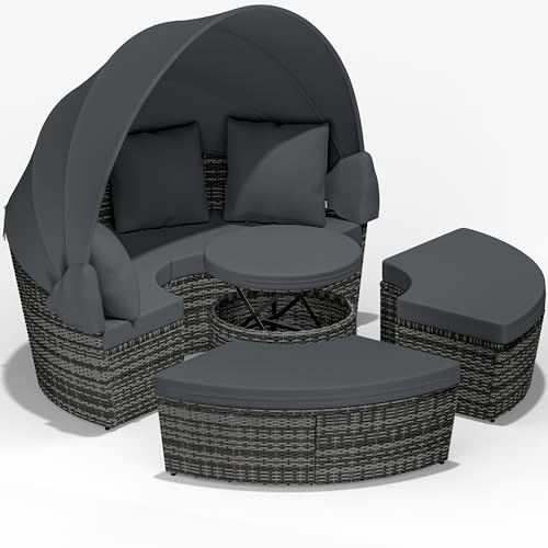 Casaria® Sonnenliege Sonneninsel Wetterfest mit Tisch 185cm Gartenliege 2 Personen Faltbares Sonnendach Relaxliege Gartenmöbel Set Lounge Outdoor Grau