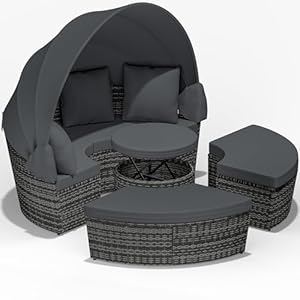 Casaria® Sonnenliege Sonneninsel Wetterfest mit Tisch 185cm Gartenliege 2 Personen Faltbares Sonnendach Relaxliege Gartenmöbel Set Lounge Outdoor Grau