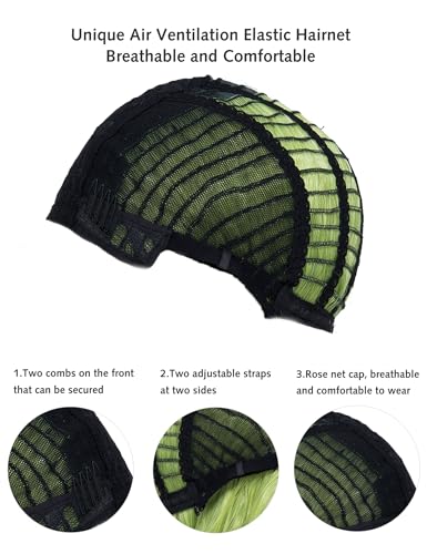 Image of Rose bud Wavy Bob Wig with Bangs Natural Ombre Green Wig Synthetic Hair Shoulder Length Short Curly Wigs for Women