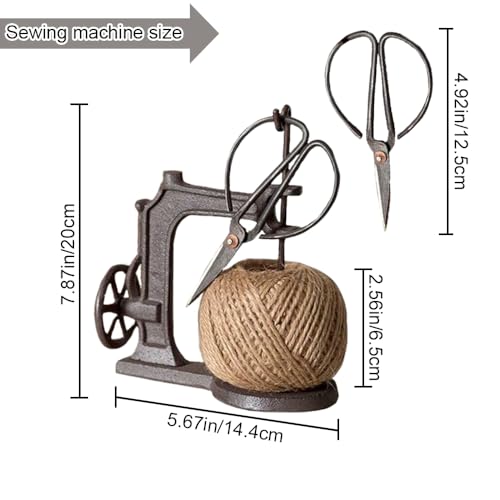 Neletao Sewing Machine Jute Twine Ball String and Scissors Holder Set, Vintage Inspired Rustic Farmhouse Style, Cast Iron Twine Holder and Scissors Set 3 Piece Set (Sewing Machine Shape)