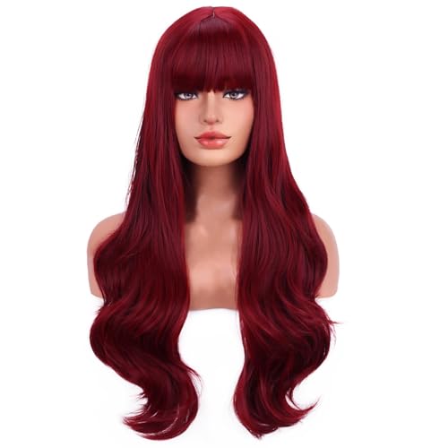BERON Red Wig Long Wavy Wig with Bangs for Women Long Wigs Wine Red Wigs for Daily Party Hairnet Included