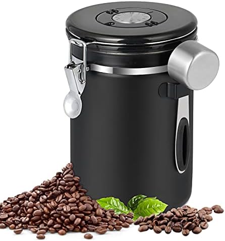 Pitmoly Airtight Coffee Canister, Stainless Steel Coffee Container, Food Storage Containers with Date Tracker and Scoop, Coffee Jar for Coffee Grounds and Beans,22 oz (Black)