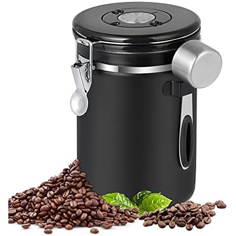 Airtight Coffee Stainless Steel Container, Coffee Storage Set, 600g/21oz/1.8L with 1 Measure Spoon,for Coffee, Tea, Nuts and Powders, (Black) Cover