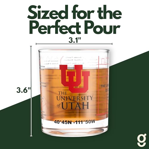 Image of Greenline Goods University of Utah Utes Whiskey Glasses Set of 2, 10 oz Rocks Glasses with Full-Color Logo & Campus Map - Officially Licensed Bourbon Glass Gift for Alumni & Fans