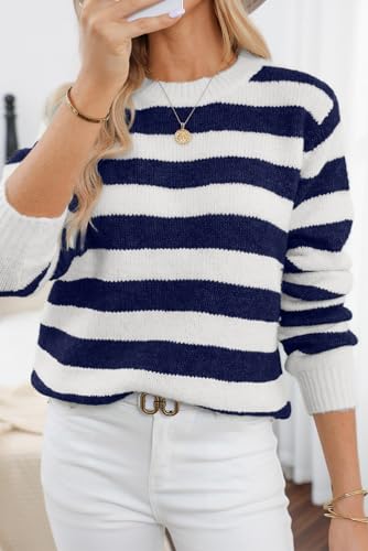 Image of Dokotoo Sweaters for Women 2026 Crewneck Striped Cute Color Block Fall Winter Knitted Pullover Tops