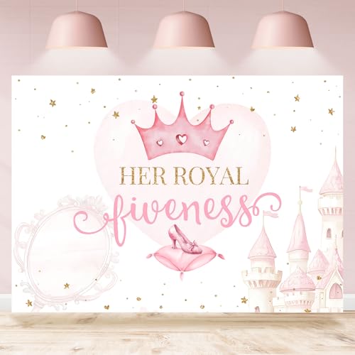 Rsuuinu Her Royal Fiveness Backdrop Pink Crown Little Princcess 5th Birthday Photography Background for Girls Fifth Birthday Party Decoration Supplies Cake Table Banner Photo Booth Studio Props 7x5ft