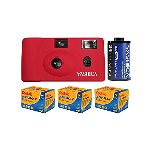 YASHICA MF-1 Snapshot Art 35mm Film Camera Set (Red) with 1 YASHICA 400 and 3 Kodak GC/UltraMax 400 Film Rolls Bundle (4 Items)