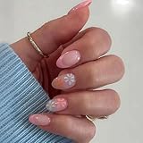 Flower Press On Nails Short Almond Fake Nails Spring Nails Press Ons Pink French Tip Acrylic Nail Daisy Stick On Nails Spring Floral Glue On Nail For Women Manicure Supplies 24Pcs