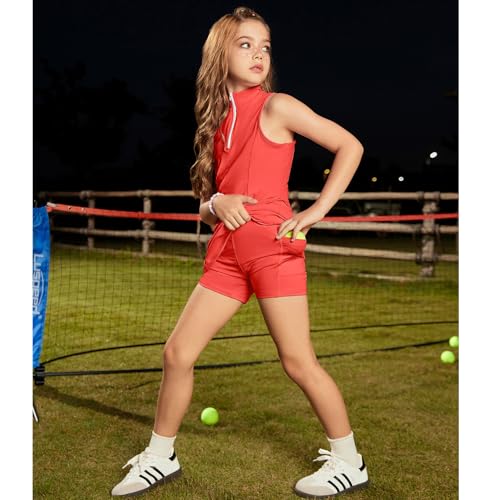 Perfashion Girls Tennis Dress 1/4 Zip Golf Outfit Built-in Bra & Shorts Pickleball Athletic Dress Workout Pockets 4-13Y4