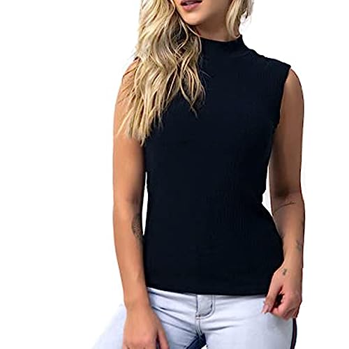Blusa Regata Feminina Canelada Gola Alta - Camiseta Feminina Básica de Manga Curta e Gola Alta - Mod