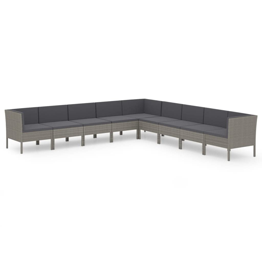 Set da giardino da 9 pezzi in polyrattan grigio con cuscini, struttura in acciaio verniciato a polvere, resistente alle intemperie, 6 divani, 3 divani angolari