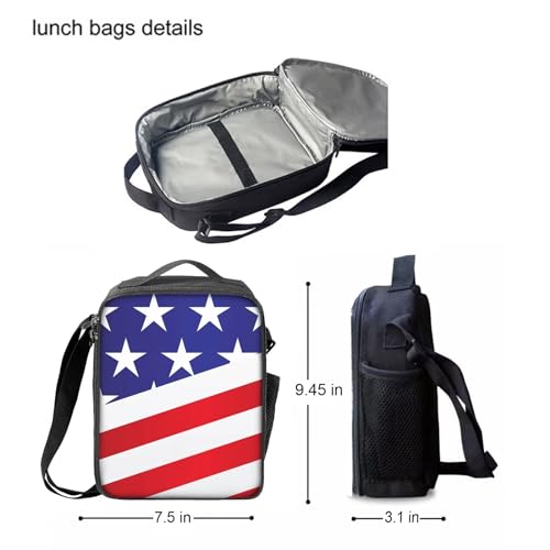 Howilath American Flag Pattern Canvas School Backpack for Girls, 17 Inch Backpack Set for Teen Boys School Bookbag 3 Pcs Lunch Bag Pencil Case4