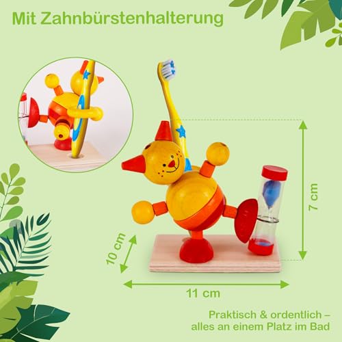 Hess Holzspielzeug 14521 - Zahnputzuhr aus Holz für Kinder, Serie Katze, inkl. Zahnbürstenhalter und drehbarer Sanduhr, handgefertigt, zur täglichen Nutzung beim Zähneputzen
