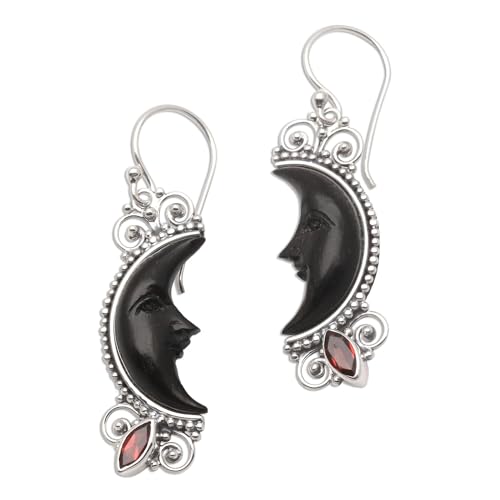 NOVICA Artisan Handmade Garnet Buffalo Horn Dangle Earrings Silver Moon
