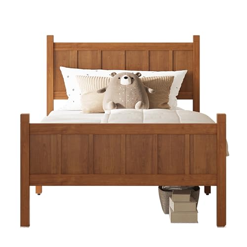 Image of Twin Size Vintage Bed Frame with Headboard, Farmhouse Wooden Platform Bed with Under-Bed Storage, Minimalist Modern Wood Grain Finish Bedframe for Bedroom (Light Walnut)