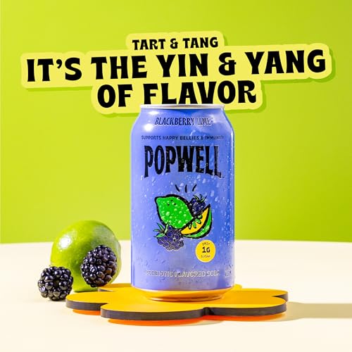 Image of Popwell Blackberry Lime Better-For-You Prebiotic Soda, with 6g Fiber, 1g Sugar, Vitamins and Immunity Support, 12 fl oz Cans (pack of 12)