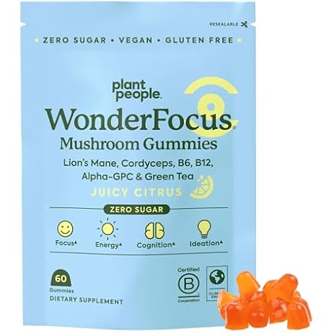 Plant People WonderFocus Mushroom Gummies with Lion’s Mane & Cordyceps - Nootropic Brain Supplement Boosts Memory, Focus, Energy & Mood in Adults | No Sugar, 100% Vegan, Citrus Flavor, 60 Count Cover