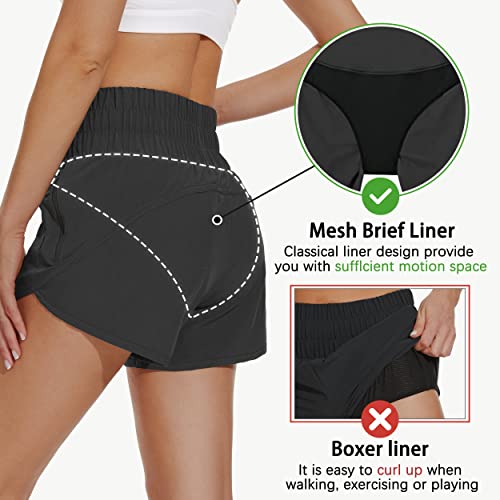 Mivei Women's High Waisted 4" Athletic Shorts With Liner Quick Dry Tummy Control Running Gym Workout Shorts Zipper Pockets Black #TOP3