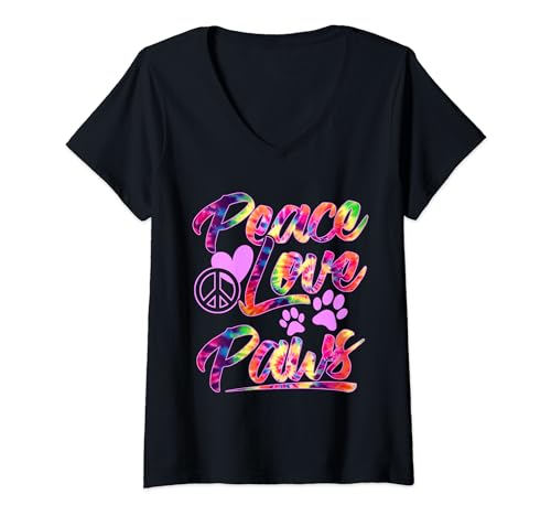 Donna T-shirt con scritta "Peace Love and Paw Dog Rescue Cat Lovers" Maglietta con Collo a V