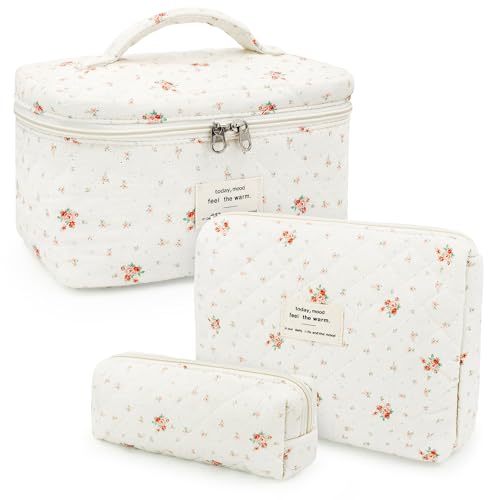 beifon 3er Set Kosmetiktasche Kulturtasche Damen mit Blumenmuster, Kulturbeutel Make Up Tasche, Tragbare Schminktasche Makeup Bag Waschtasche Groß Frauen Mädchen