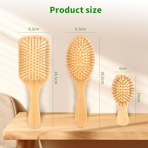 3 Stück Natur-Haarbürste aus Bambus, Nachhaltiger Bambus mit Antistatischer Kopfmassage - Quadratisch, Oval & Mini-Oval Design für trockenes/gewelltes/empfindliches Haar,Damen und Herren