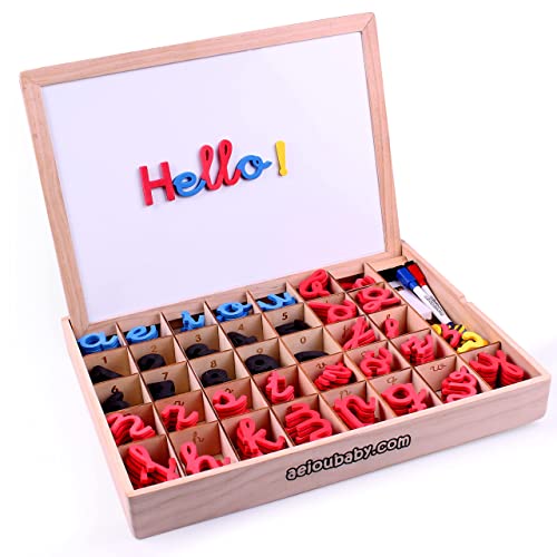 Letras y Números Magnéticos Montessori | Abecedario Móvil Cursiva Ligada. Mayúsculas, Minúsculas y Cifras en Goma EVA | Pizarra Reversible y Caja de Madera | Juego Educativo Aprender a Leer y Escribir