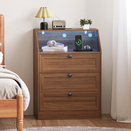 Image of Wodeer Walnut Dresser 3 Drawer Nightstand, Wood Night Stand with LED Lights, Charging Station, Metal Handles, Modern Storage Cabinet and Organizer Drawers for Living Room, Hallway