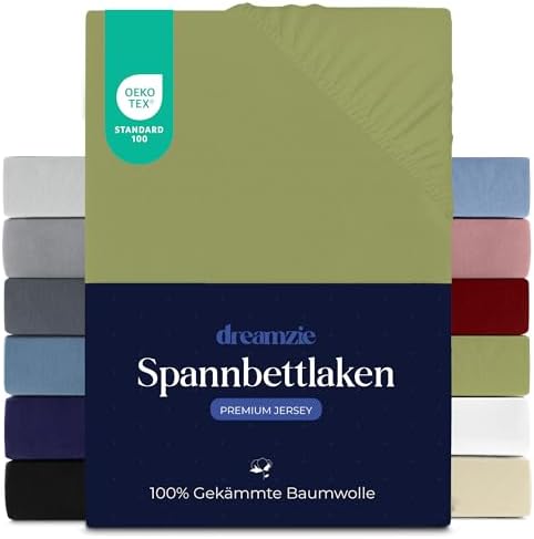 Dreamzie - Spannbettlaken - 140x200cm - 100% Gekämmte Baumwolle - Jersey | Anis · Leintuch mit Rundumgummi · Spannbetttuch bis 22cm Steghöhe · Oeko-Tex zertifiziert · Premium · Dop
