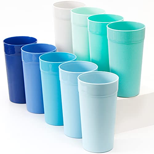 Youngever 18 Pack Unbreakable Plastic Tumblers 20 Ounce, Unbreakable Plastic Drinking Glasses, Plastic Cups, Set of 18 in 9 Coastal Colors