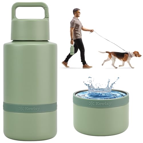 KEWIXY Insulated Dog Water Bottle with Travel Bowl, Dog Lover Gift, Portable Water Bottle Dispenser, Accessories for Car, Hiking, Camping, Outdoor, Leak-Proof, Detachable (Sage Green)