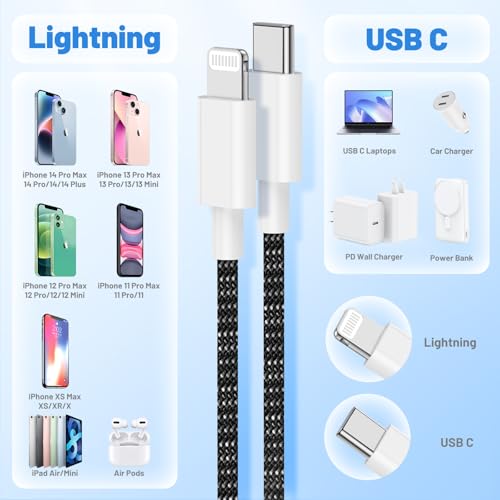 Image of USB C to Lightning Cable 2Pack 6FT+10FT,[Apple MFi Certified] Nylon Braided iPhone Fast Charging Cable, Power Delivery Charging Cord for iPhone 14 13 12 11 Pro Max /XS /Max /XR /8 /7,Pad Air /Pro,Black