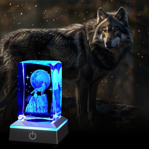 Image of 3D Wolf Crystal Night Light with Multicolor LED Base Glass Laser Engraved Wolf Figurines Statue Gifts for Boys Girls Birthday Christmas Room Decor