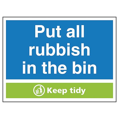 V Safety Put All Rubbish In the Bin Keep Tidy 200 x 150 mm - Self Adhesive Vinyl Safety Sign