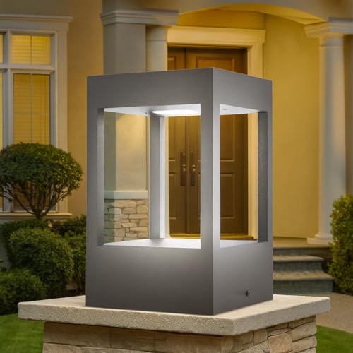 Image of GIGAWATTS SURANS PP Outdoor Gate Light - 12W Integrated Light 101% Rust & Waterproof Die-Casting Aluminium Pillar Lamp Base Mount Grey Exterior Fixture for Garden, Boundary & Home Entrance